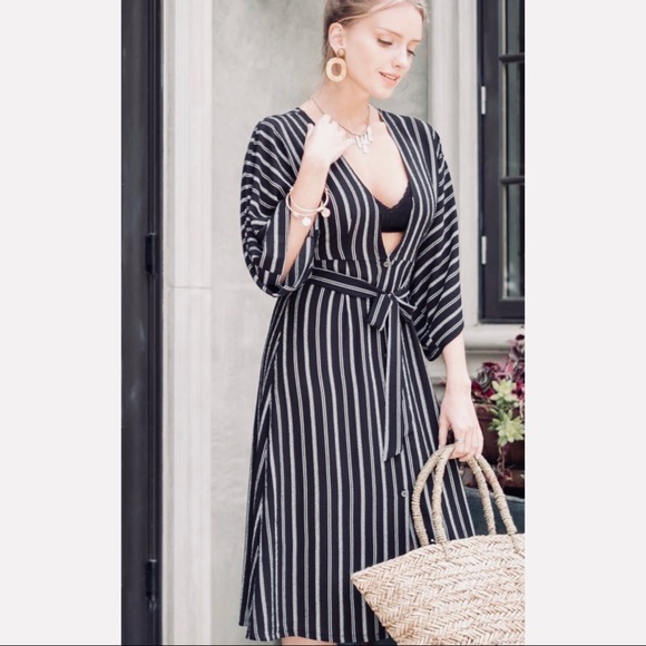 Striped kimono sleeve deep v neckline dress - Picture 2 of 7